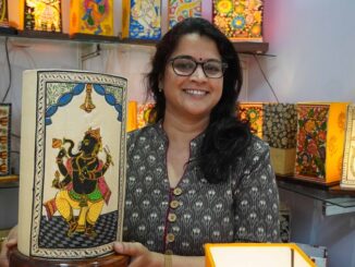 Artpreneur Meghana seen showing Hand Crafted Table Lamps that promote the age old art form and enhances the value of the art form