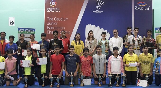 Chief Guest Ms Upasana Kamineni, Vice Chairman, Apollo Foundation; Ms Kirthi Reddy (9th from left standing), Founder & Director, The Gaudium Group & Mr Ramakrishna Lingireddy (7th from right standing), CEO, The Gaudium Group; seen with all the winners and runners up at the valedictory of the Gaudium Junior Badminton Championship, today at The Gaudium School, Kollur Campus.