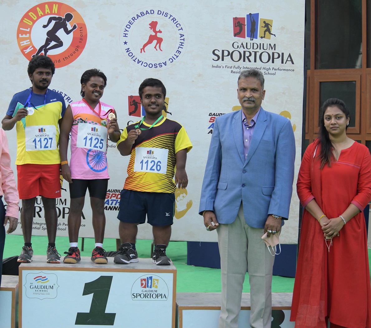 Special Category Boys Winners: Siva - 1st place, P Dinakaran - 2nd place & Sudarsan - 3rd place, at the First Edition of the Gaudium Sportopia Athletics Annual Meet, organized by the Gaudium Sportopia, Hyderabad District Athletic Association & the Khel Udaan initiative, today at The Gaudium School, Kollur Campus, also seen are (L-R) Mr Stanly, President, Telangana State Athletics Association & Technical Committee Chairman, Athletics Federation of India & Ms Kirthi Reddy, Director, The Gaudium.