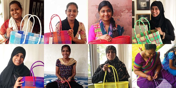 Women from slum areas in Pune seen weaving the bags