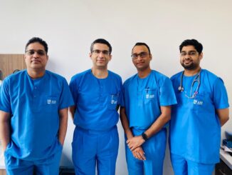 A multidisciplinary team of specialists at AIG who successfully performed the surgery - (Left to right) Dr. Swaroop Bharadi, Dr. Rajeev Menon, Dr. Anuj Kapadia, Dr. Uday Kiran Anne.