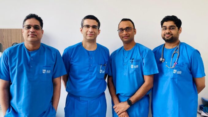 A multidisciplinary team of specialists at AIG who successfully performed the surgery - (Left to right) Dr. Swaroop Bharadi, Dr. Rajeev Menon, Dr. Anuj Kapadia, Dr. Uday Kiran Anne.