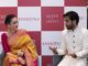 Karisma Kapoor discusses handloom with Anirudh Kankatala during the launch of Kanakatala Delhi Store Launch