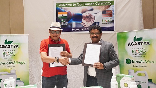 Roger Tripathi, Founder Chairman and CEO of Primary BioAg Innovations & CHV Srinivas, Director of Agastya Agro Ltd seen exchanging partnership agreement-pic 2