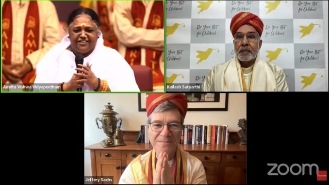 (Left to Right) Mata Amritanandamayi (Amma), Dr. Jeffery Sachs,(bottom) Mr. Kailash Satyarthi, Amrita Vishwa Vidyapeetham confers its 1st Honorary Doctorate