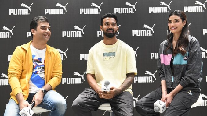 (L-R) Abhishek Ganguly, MD, PUMA India & Southeast Asia, PUMA Ambassador KL Rahul & Athiya Shetty