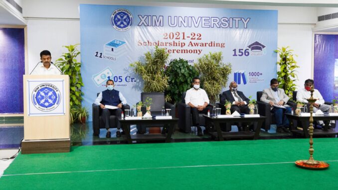 XIM University is one of the top institutions in the country offering quality education. On 16th March 2022, XIM University successfully conducted its 2nd Scholarship Awarding Ceremony for undergraduate students. XIM University's UG degree has a globally aligned curriculum with a wide variety of courses to choose from that helps students to accomplish their dreams and lays the strong foundational base to fulfill their career aspirations. To affirm its mission for excellence, the University has incorporated the Scholarship Programme to the deserving, meritorious, and academically outstanding students in their undergraduate studies. XIM University, through these scholarship opportunities, offers access to education for every deserving and aspiring student seeking financial assistance for fostering their growth and all-round development. It provides a platform for the students to continue their education without any financial constraints. Scholarships make education affordable for deserving candidates. With this intention, the University spends a remarkable amount every year to facilitate worthy students to build their careers and excel in life. This year from a gamut of more than a thousand students across eleven schools in the University having ten undergraduate programs, 156 students from both 1st year and 2nd year of the Undergraduate programs were awarded this scholarship by the University. The University spent around INR 1.05 Crores for this noble cause. The University also extends its regard to the South Indian Bank Pvt. Ltd. for generously offering 4 scholarships to our students. The occasion was presided by Fr. Antony R. Uvari, S.J., Vice-Chancellor, XIM University. The Guest of Honour was Fr. A.C Jesurajan, S.J., Professor Emeritus. Amongst other distinguished personalities present were Fr. V. Arokiyadass, S.J., Special guests from South Indian Bank Pvt. Ltd., Chief Finance Officer and Chairperson of the UG Scholarship Committee, XIM University, and Fr. S. Antony Raj, S.J., Registrar, XIM University, along with the Academic Deans and faculty members of the University. Welcoming the guests, faculty members, and students, Prof. P.K Mohanty, Academic Dean, School of Commerce, XIM University, congratulated the awardees for their academic distinction. Fr. A.C Jesurajan, S.J., the Guest of Honour, congratulated the students for their academic excellence and good performance. In his keynote speech, Fr. Antony R. Uvari, S.J., Vice-Chancellor, XIM University, said that one must always aim high and look for excellence and the greater good in life. He insisted that the scholarship awardees be a source of inspiration for their fellow students and share their knowledge and learning with one and all. He highlighted that the University strongly believes in high-quality education, imbibed in the University value system. Stressing on the importance of generosity, the Vice-Chancellor concluded his speech with the quote, "The more you give, the more you get!"  Fr. V. Arokiyadass, S.J., Chief Finance Officer and Chairperson of the UG Scholarship Committee, XIM University, stated the significance of the scholarship and thanked the Vice-Chancellor for this initiative which would support bright students in their endeavours for good quality education. Keeping the University's vision and mission and the Jesuit way of life, this scholarship would render financial assistance to meritorious students and students from economically backward background including SCs, STs, and minority students to fulfill their goals and ambitions. Finally, the event came to a triumphant end with the vote of thanks by Fr. S. Antony Raj, S.J., Registrar, XIM University, wherein he thanked all and expressed his gratitude for making the event a success. He congratulated the meritorious students and acknowledged the contribution and efforts of all the students, faculty & staff members of the University.