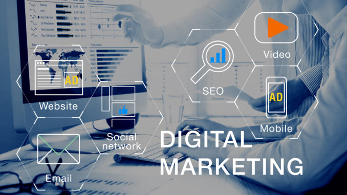 Digital marketing media (website, email, video), team analyzing