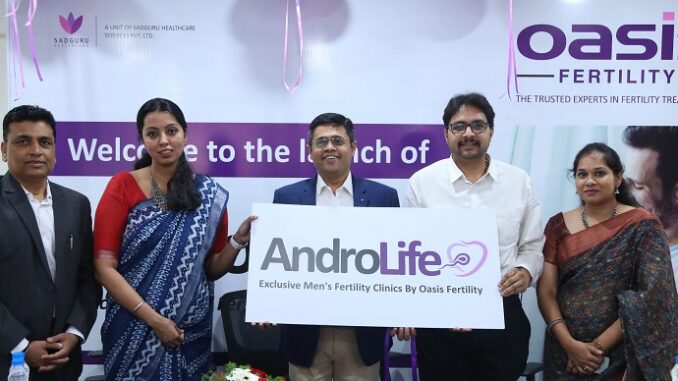 (L-R) Mr Sudhaker Jadhav, COO, Oasis Fertility; Dr Parinaaz Parhar, Clinical Head & Fertility Specialist, Oasis Fertility; Dr Krishna Chaitanya M, Scientific Head & Clinical Embryologist, Oasis Fertility; Dr Raghuveer Karne, Consultant Urologist & Andrologist, Oasis Fertility & Dr Tejashree A, Consultant & Fertility Specialist, Oasis Fertility; releasing the poster of the AndroLife, an exclusive men's fertility clinic by Oasis Fertility at Oasis Fertility, Kopmpally, after inaugurating it.