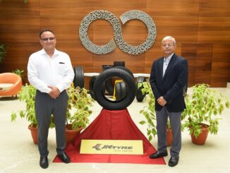 Right to Left-Dr R Mukhopadhyay,Director R&D and Mr. Vipin Basan,Head Product Development unveil the new EV tyres