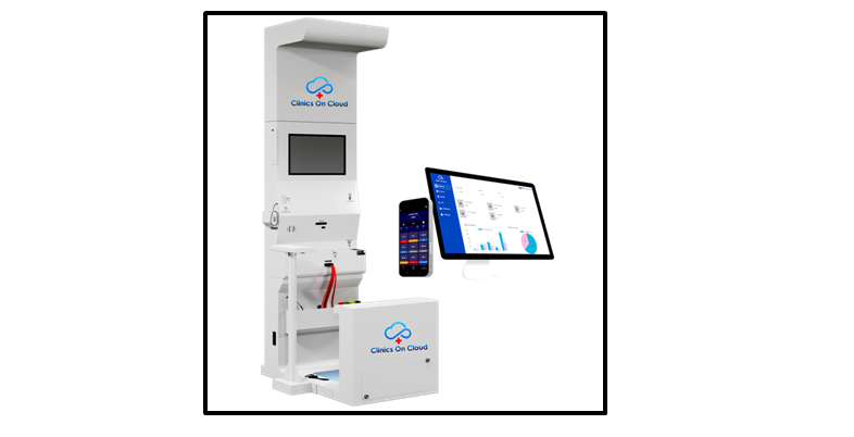 The Clinics on Cloud Health Box facilitates real-time consultations with doctors, bridging the gap between urban medical facilities