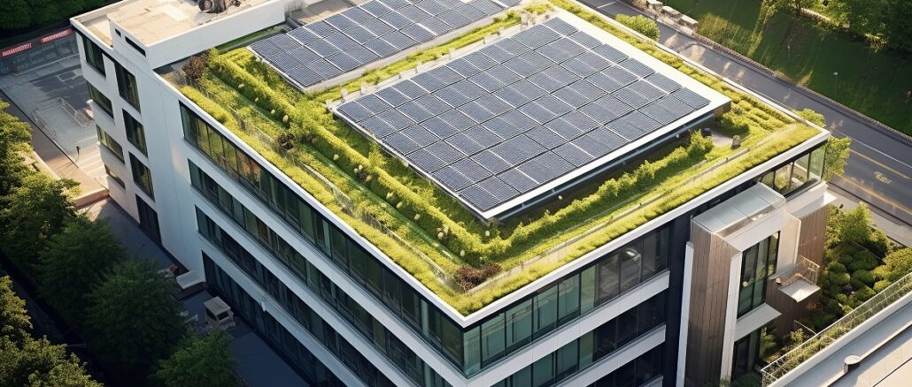 Modern green roof adorned with vibrant plants, complemented by strategically positioned solar panels for energy efficiency, creating a beautiful contrast.