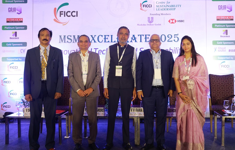(L-R) Hon’ble Guest Mr V Suresh Babu, Zonal Head, Hyderabad & GM, The National Small Industries Corporation Ltd. (NSIC); Mr P Radhakishore, Chairman, FICCI Telangana Defense & Aerospace Committee and Director, HC Robotics Pvt. Ltd.; Mr V V Rama Raju, Chairman, FICCI Telangana State Council; Hon’ble Guest Mr Ashok Atluri, Co-Chair, FICCI National Defense & Homeland Security Committee and CMD, Zen Technologies Ltd., & Ms Deepti Gaddam, Member, FICCI Telangana Executive Committee & MD, Ozone Hospitals; at the inaugural session of the MSME Xcelerate 2025, hosted by FICCI, today at Hotel Vivanta by Taj.
