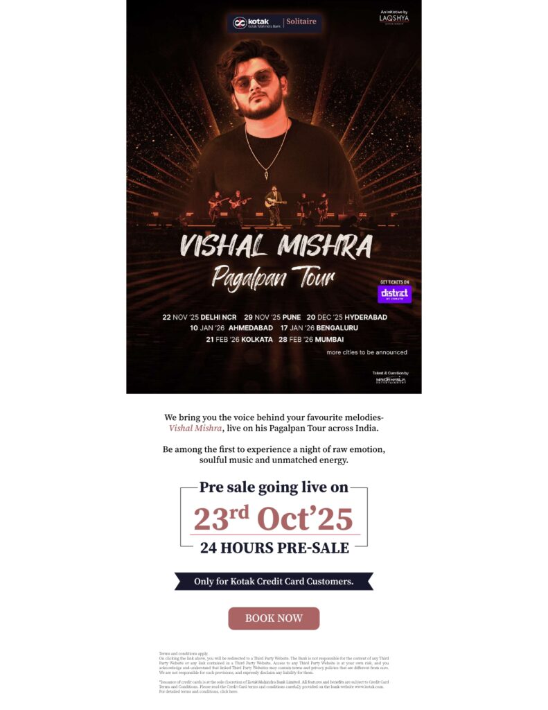 Vishal Mishra’s Pagalpan Tour 2025–26 Announced Kotak Credit Cardholders Get First Access to the Soulful Sensation’s India Tour