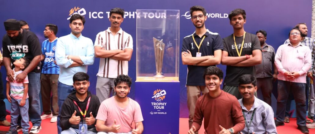 Students of Pillai College of Engineering, Navi Mumbai pose with the ICC Men’s T20 World Cup 2026 trophy during its visit (1)